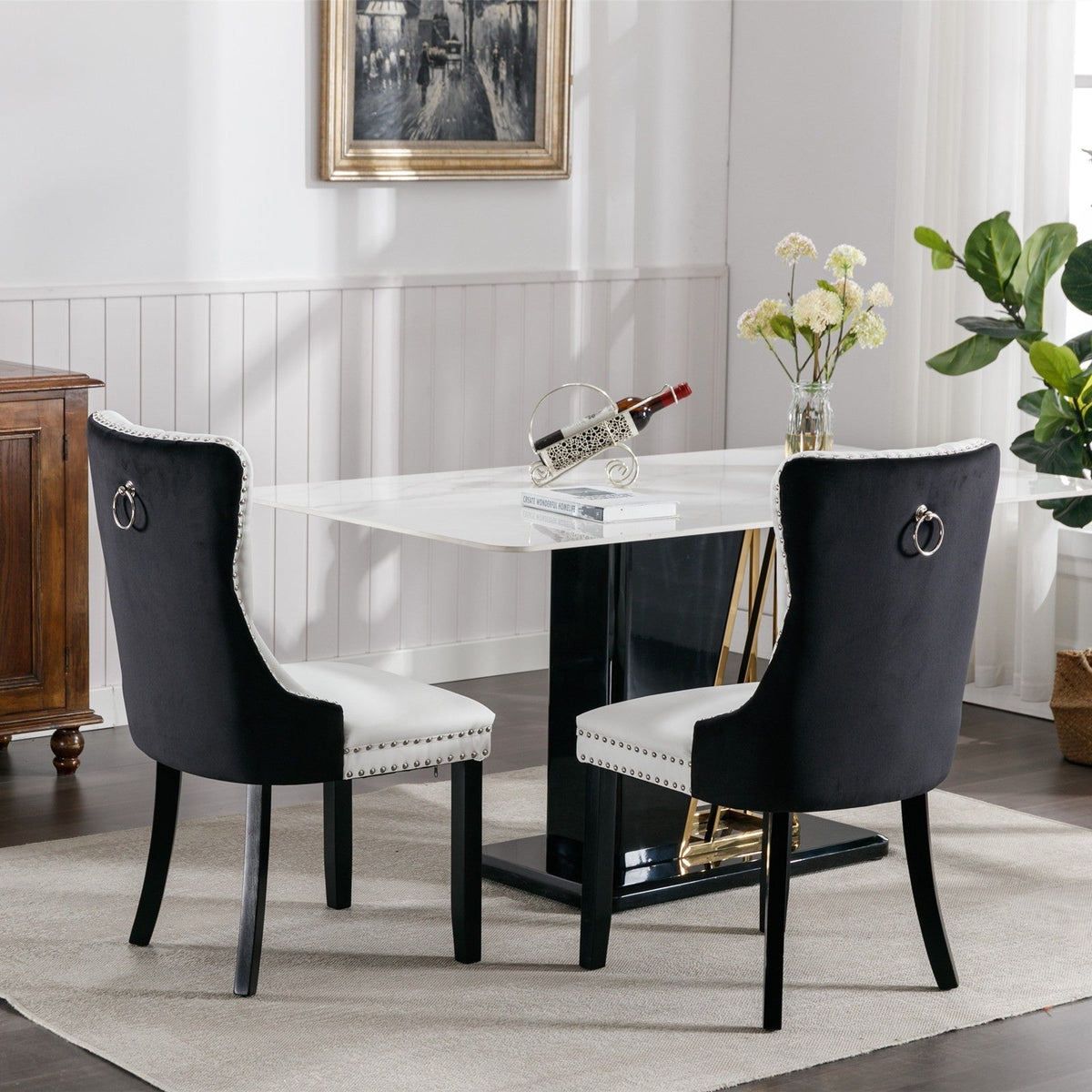 Tufted Solid Wood PU and Velvet Cushioned Dining Chairs with Wooden Leg Nail Head Decoration 2-piece set in (White and Black)