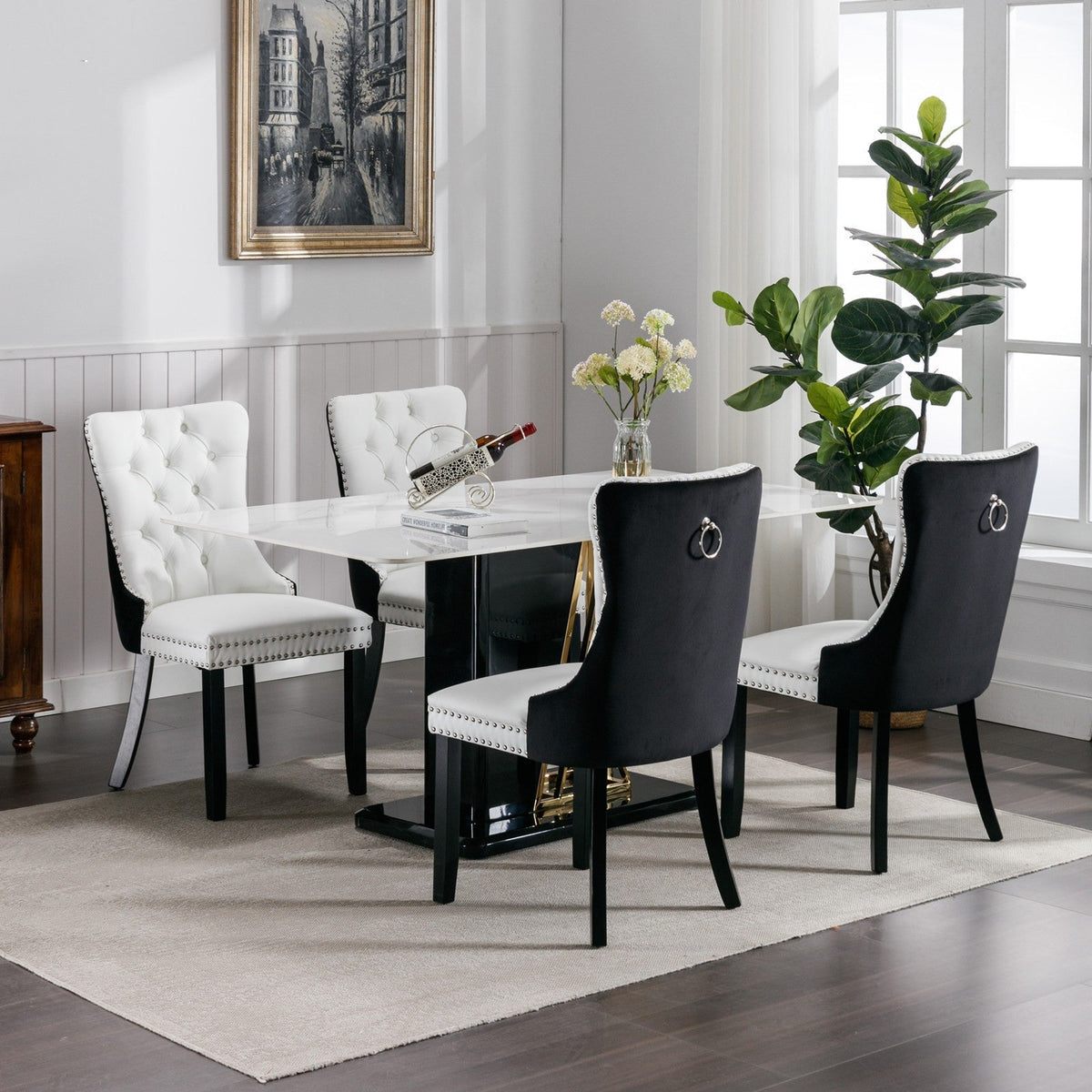 Tufted Solid Wood PU and Velvet Cushioned Dining Chairs with Wooden Leg Nail Head Decoration 2-piece set in (White and Black)