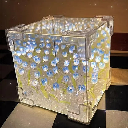 Tulip Cube Nightlight - Handmade Floral Mirror Decor
