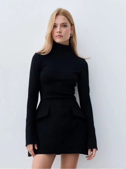 Turtleneck Bodycon X-Shape Mini Dress for Women – Elegant Long Sleeve with Pockets, Perfect for Spring & Summer Office Style