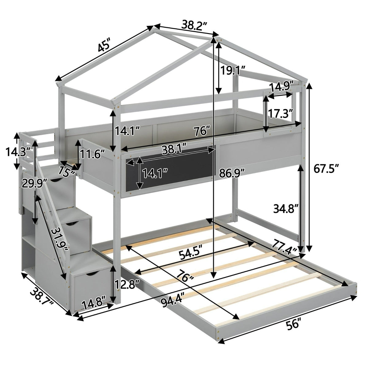 Twin over Full House Bunk Bed with Storage Staircase and Blackboard
