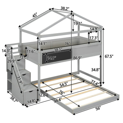 Twin over Full House Bunk Bed with Storage Staircase and Blackboard
