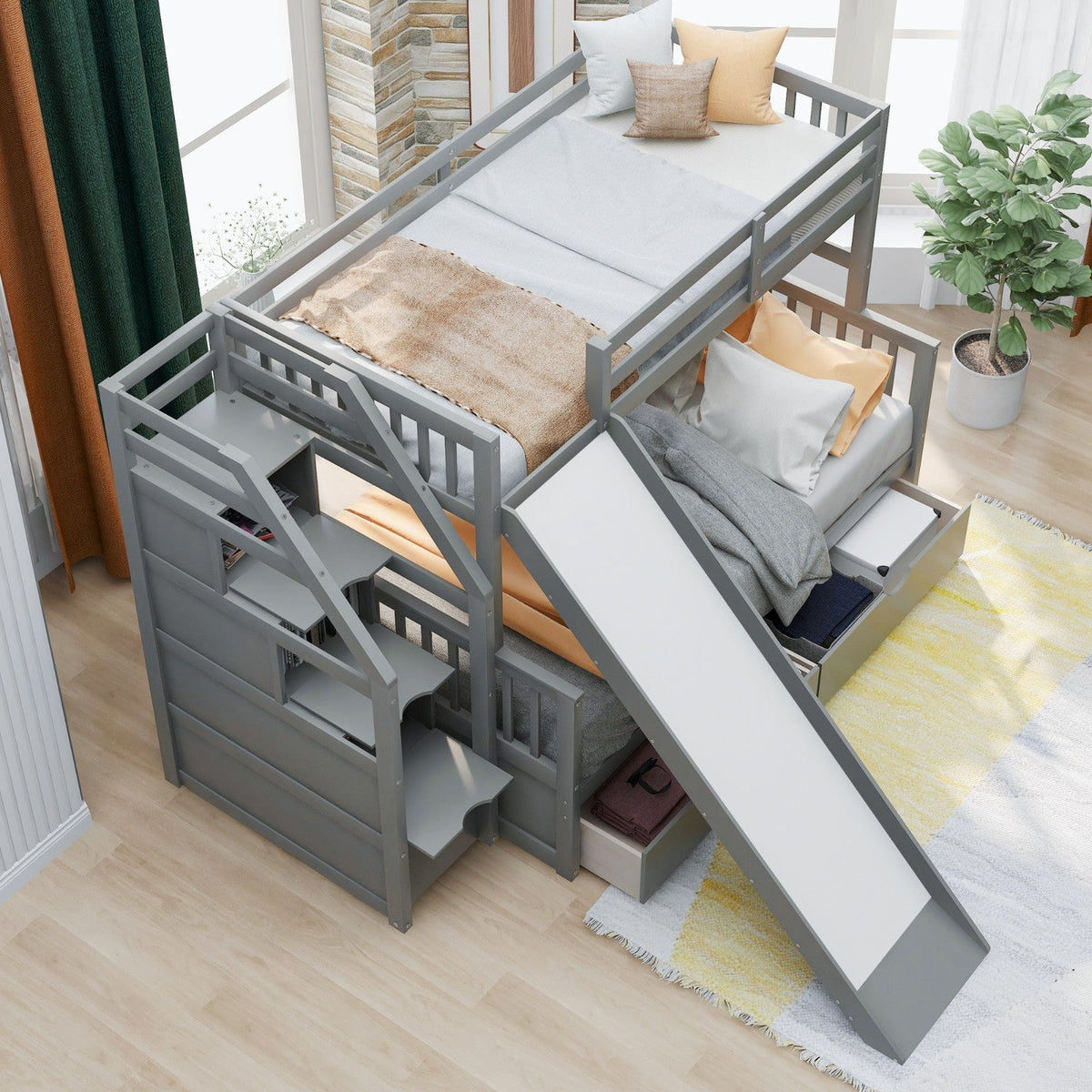 Twin over Full Multifunction Bunk Bed with Drawers, Storage, and Slide