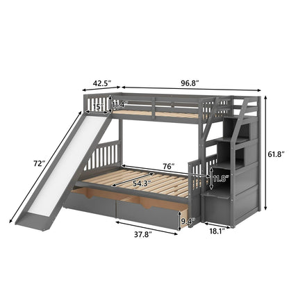 Twin over Full Multifunction Bunk Bed with Drawers, Storage, and Slide