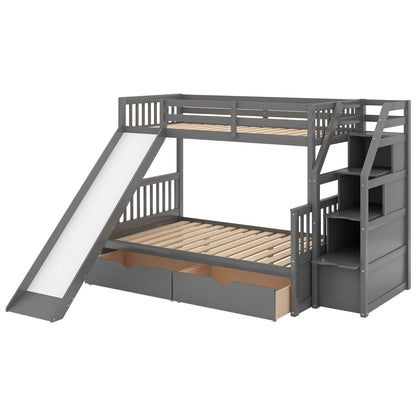 Twin over Full Multifunction Bunk Bed with Drawers, Storage, and Slide