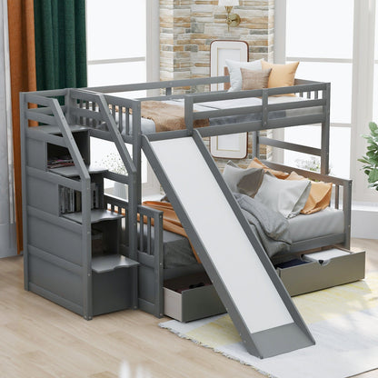 Twin over Full Multifunction Bunk Bed with Drawers, Storage, and Slide