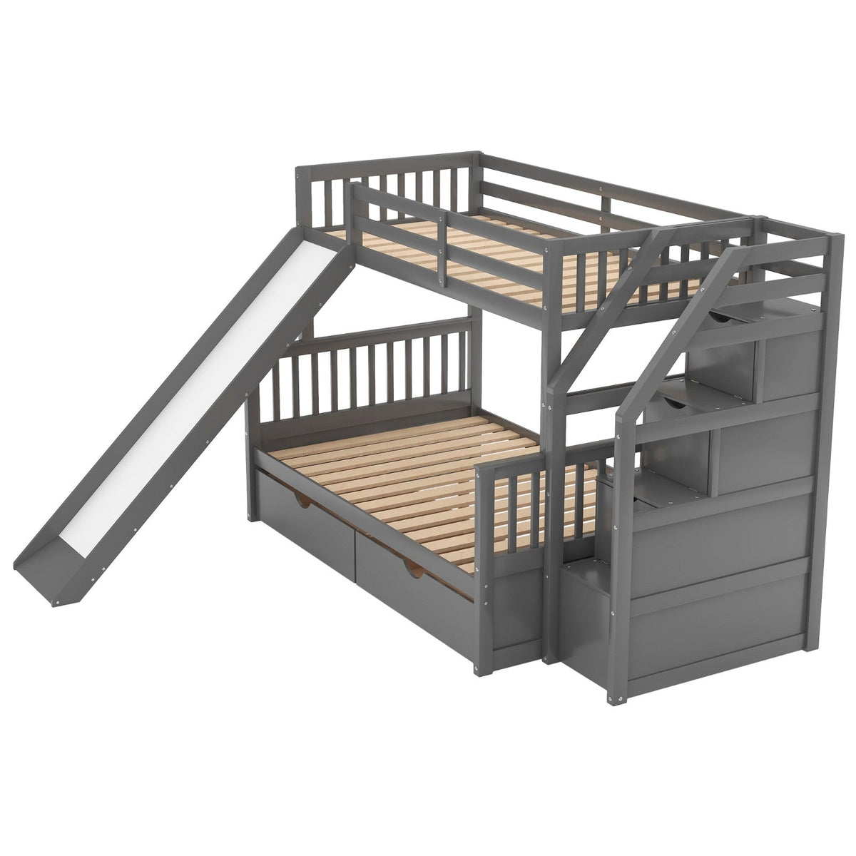 Twin over Full Multifunction Bunk Bed with Drawers, Storage, and Slide