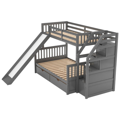 Twin over Full Multifunction Bunk Bed with Drawers, Storage, and Slide
