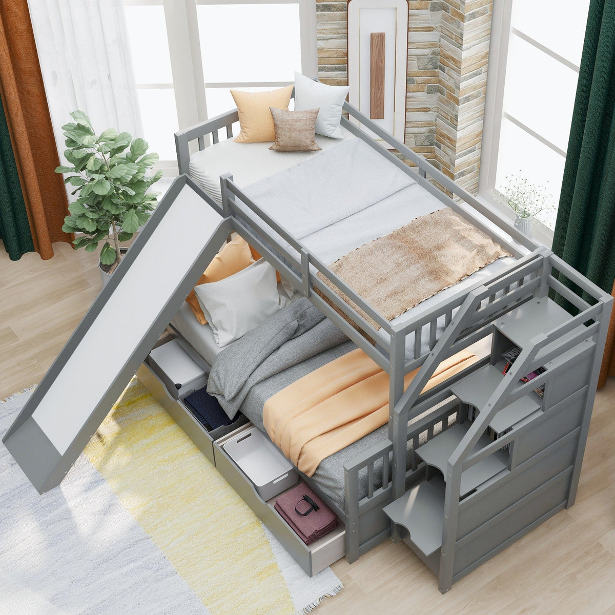 Twin over Full Multifunction Bunk Bed with Drawers, Storage, and Slide