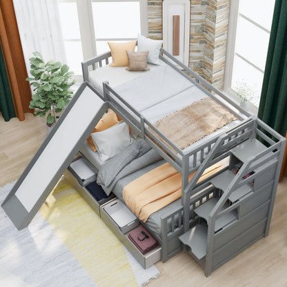 Twin over Full Multifunction Bunk Bed with Drawers, Storage, and Slide