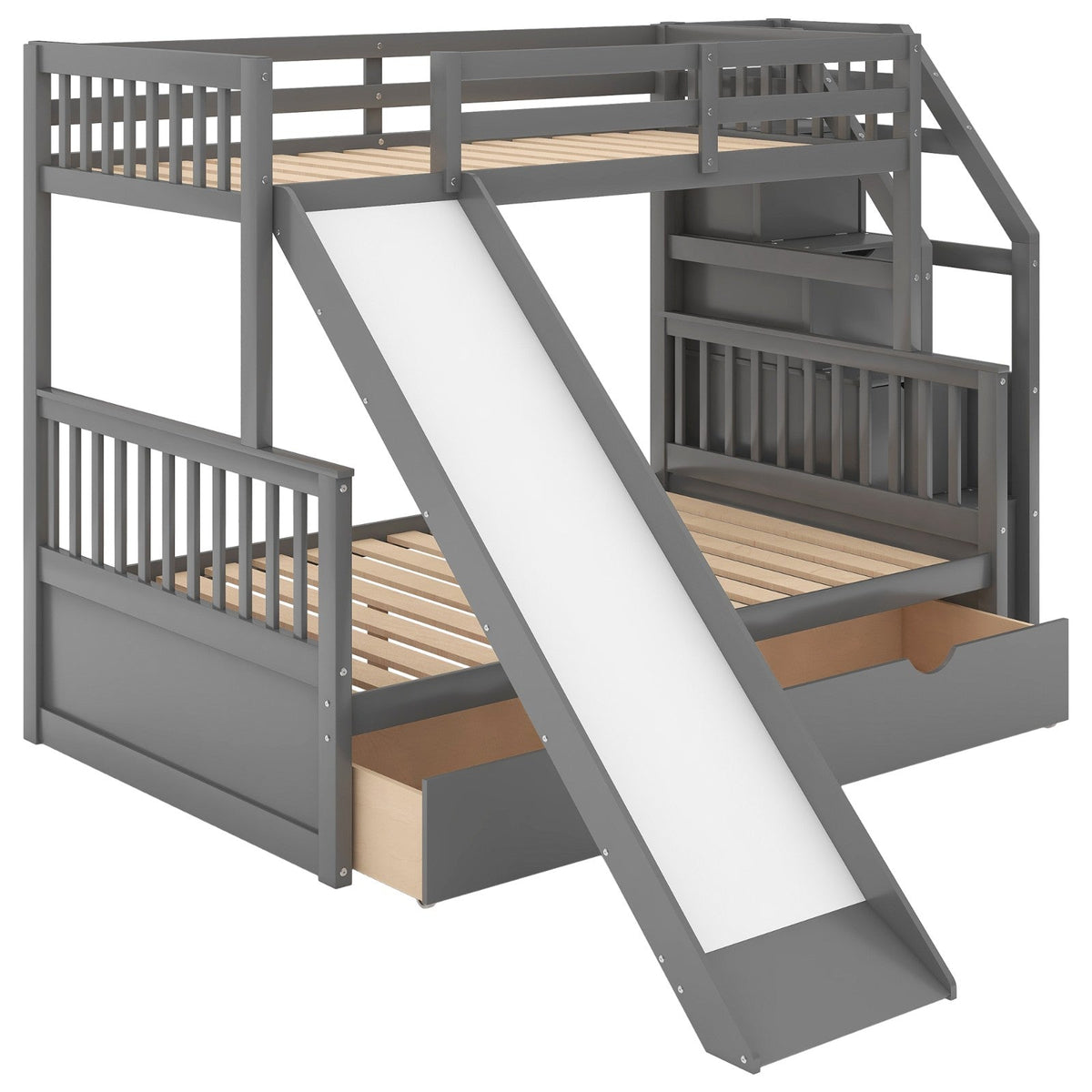 Twin over Full Multifunction Bunk Bed with Drawers, Storage, and Slide