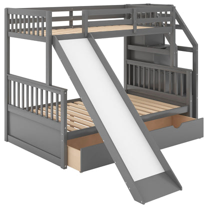 Twin over Full Multifunction Bunk Bed with Drawers, Storage, and Slide