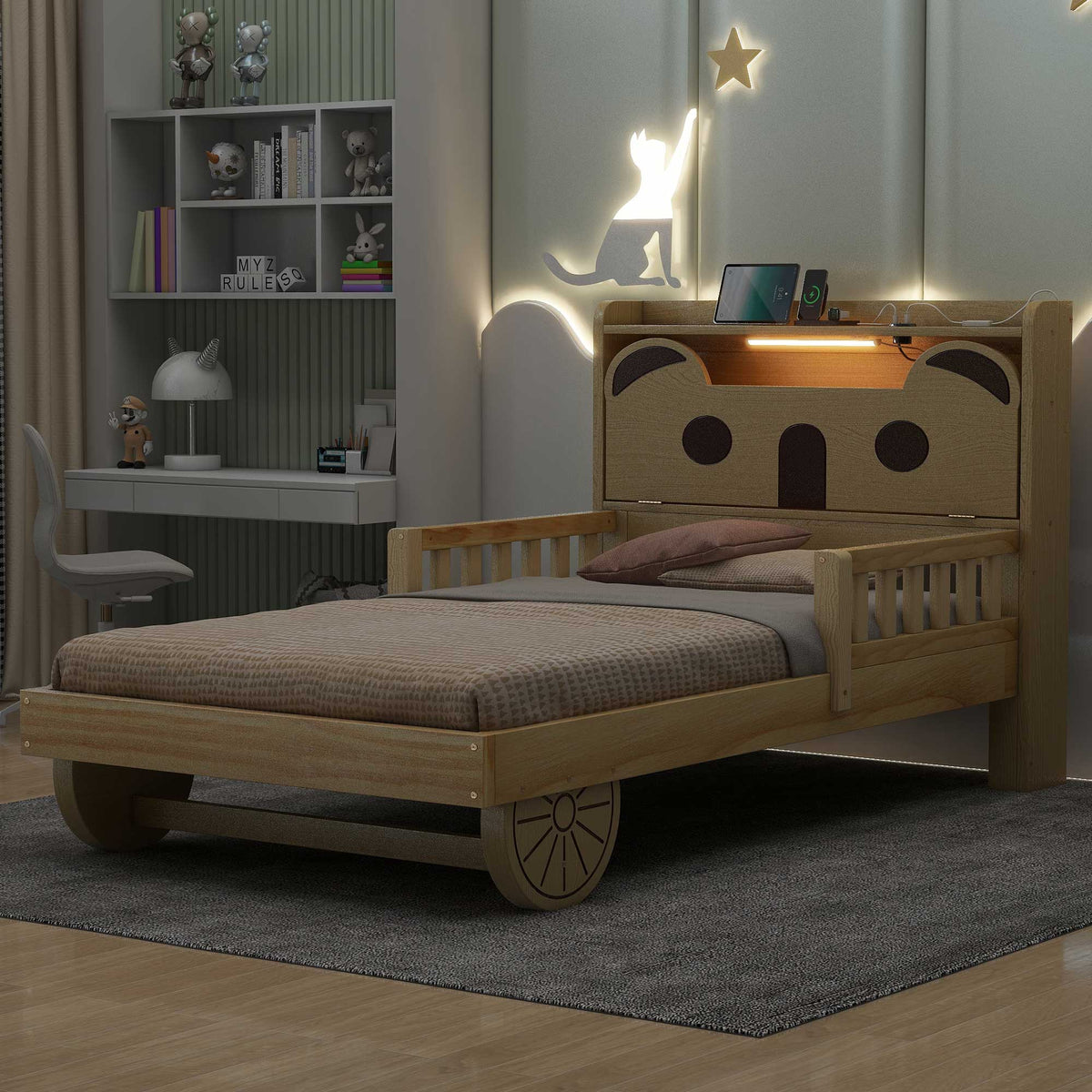 Twin Size Car Bed with Bear-Shaped Headboard, USB, and LED