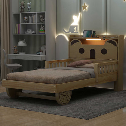 Twin Size Car Bed with Bear-Shaped Headboard, USB, and LED