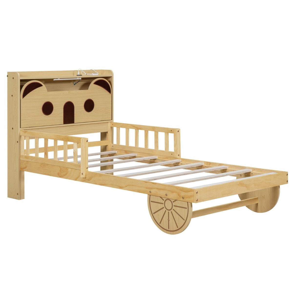 Twin Size Car Bed with Bear-Shaped Headboard, USB, and LED