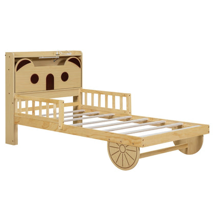 Twin Size Car Bed with Bear-Shaped Headboard, USB, and LED