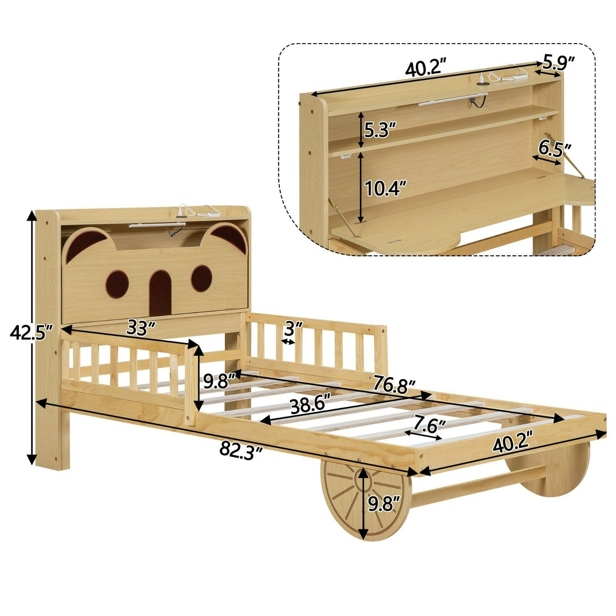 Twin Size Car Bed with Bear-Shaped Headboard, USB, and LED