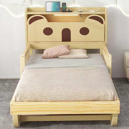 Twin Size Car Bed with Bear-Shaped Headboard, USB, and LED