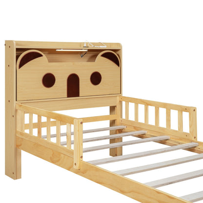 Twin Size Car Bed with Bear-Shaped Headboard, USB, and LED