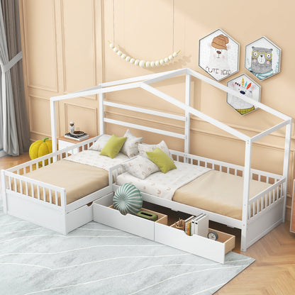 Twin Size House Platform Bed with Three Storage Drawers