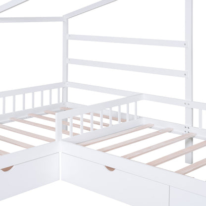 Twin Size House Platform Bed with Three Storage Drawers