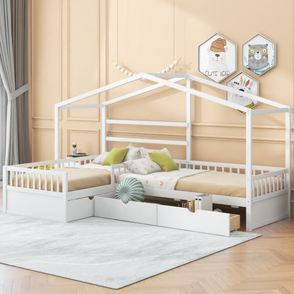 Twin Size House Platform Bed with Three Storage Drawers
