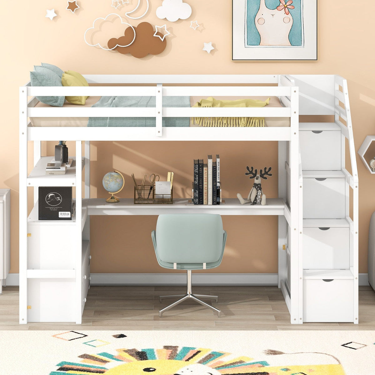 Twin Size Loft Bed with Desk and Shelves Two Built-in Drawers Storage Staircase
