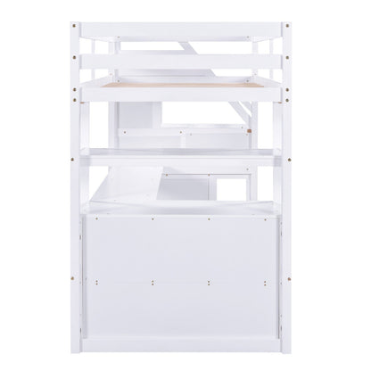 Twin Size Loft Bed with Desk and Shelves Two Built-in Drawers Storage Staircase