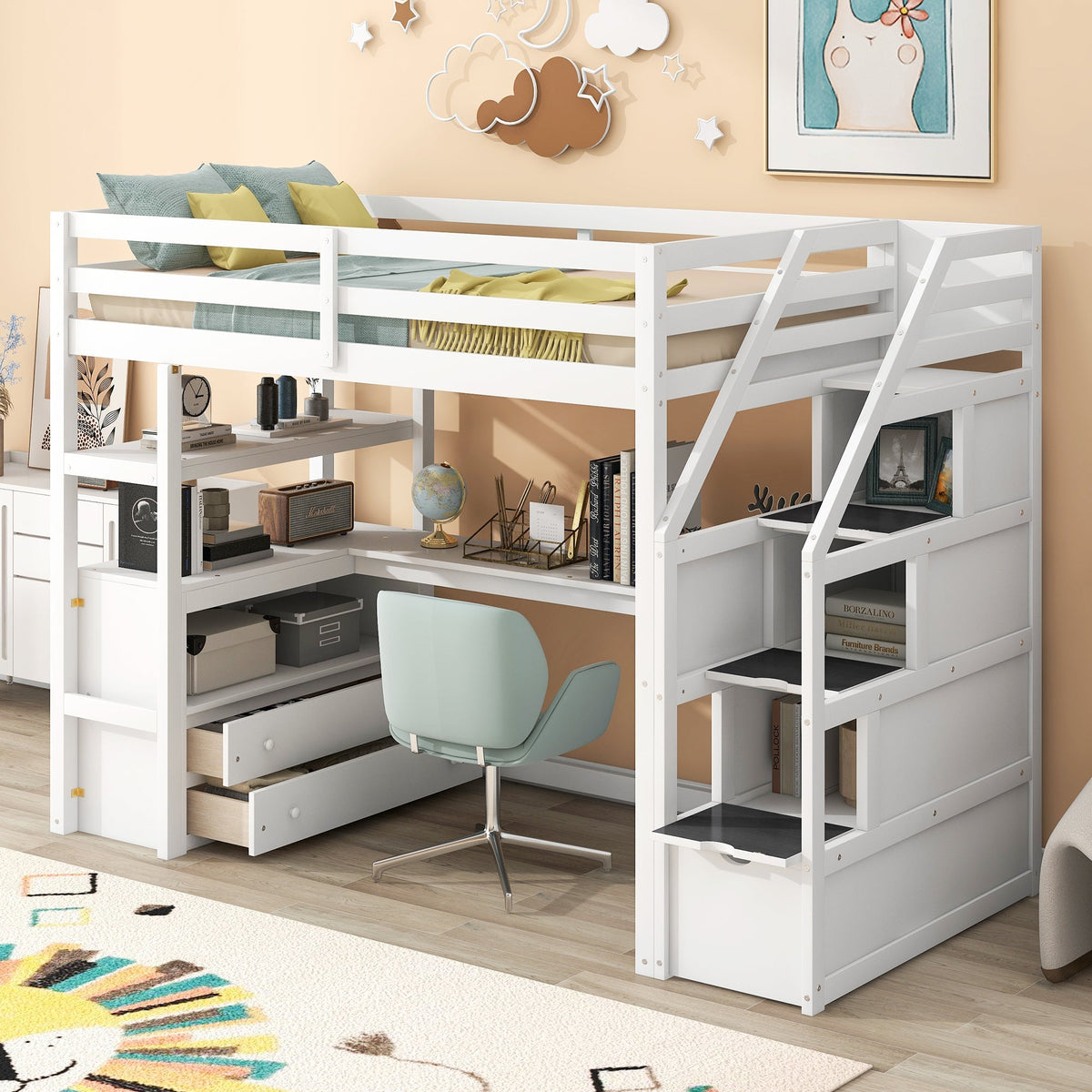 Twin Size Loft Bed with Desk and Shelves Two Built-in Drawers Storage Staircase