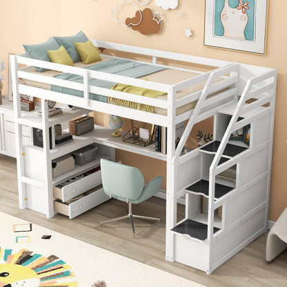 Twin Size Loft Bed with Desk and Shelves Two Built-in Drawers Storage Staircase