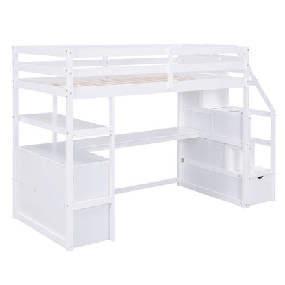 Twin Size Loft Bed with Desk and Shelves Two Built-in Drawers Storage Staircase