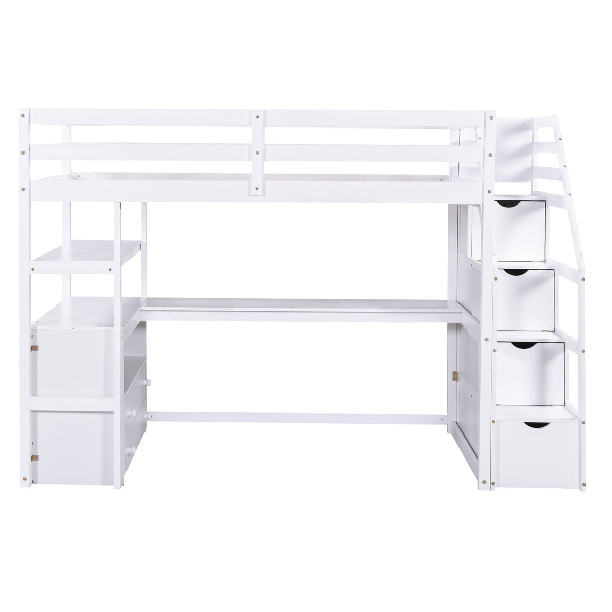 Twin Size Loft Bed with Desk and Shelves Two Built-in Drawers Storage Staircase