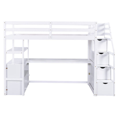 Twin Size Loft Bed with Desk and Shelves Two Built-in Drawers Storage Staircase