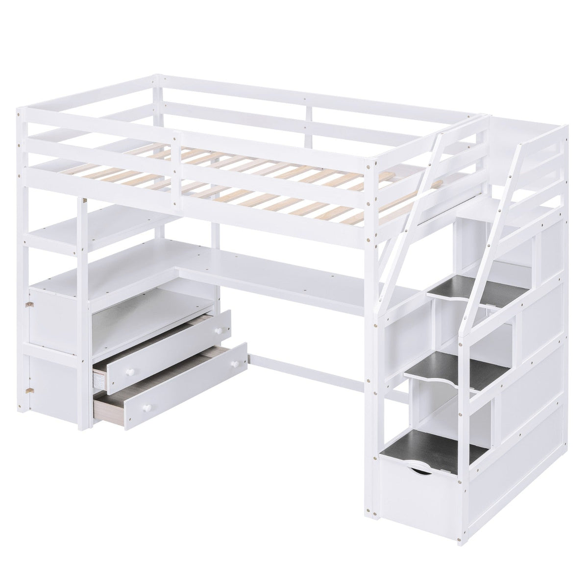 Twin Size Loft Bed with Desk and Shelves Two Built-in Drawers Storage Staircase