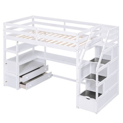 Twin Size Loft Bed with Desk and Shelves Two Built-in Drawers Storage Staircase