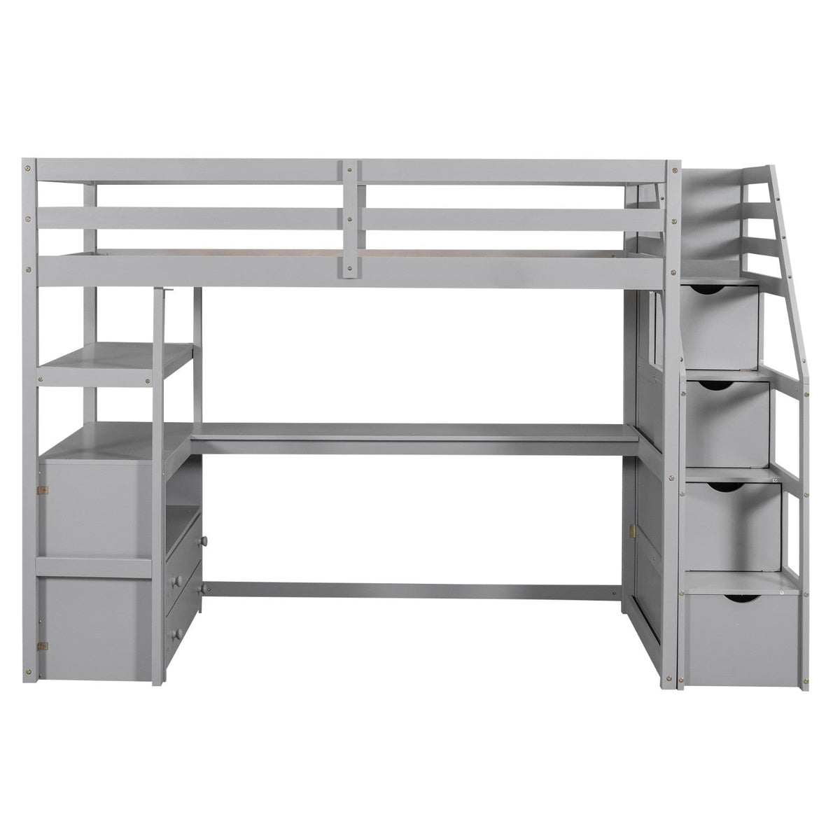 Twin Size Loft Bed with Desk, Shelves, Two Built-in Drawers, and Storage Staircase