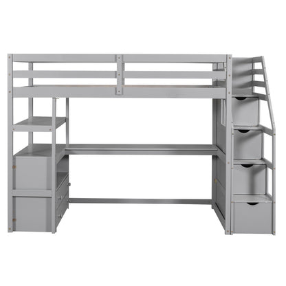 Twin Size Loft Bed with Desk, Shelves, Two Built-in Drawers, and Storage Staircase