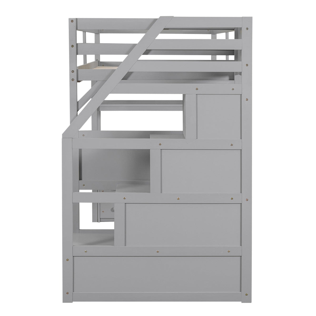Twin Size Loft Bed with Desk, Shelves, Two Built-in Drawers, and Storage Staircase
