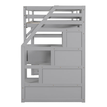 Twin Size Loft Bed with Desk, Shelves, Two Built-in Drawers, and Storage Staircase