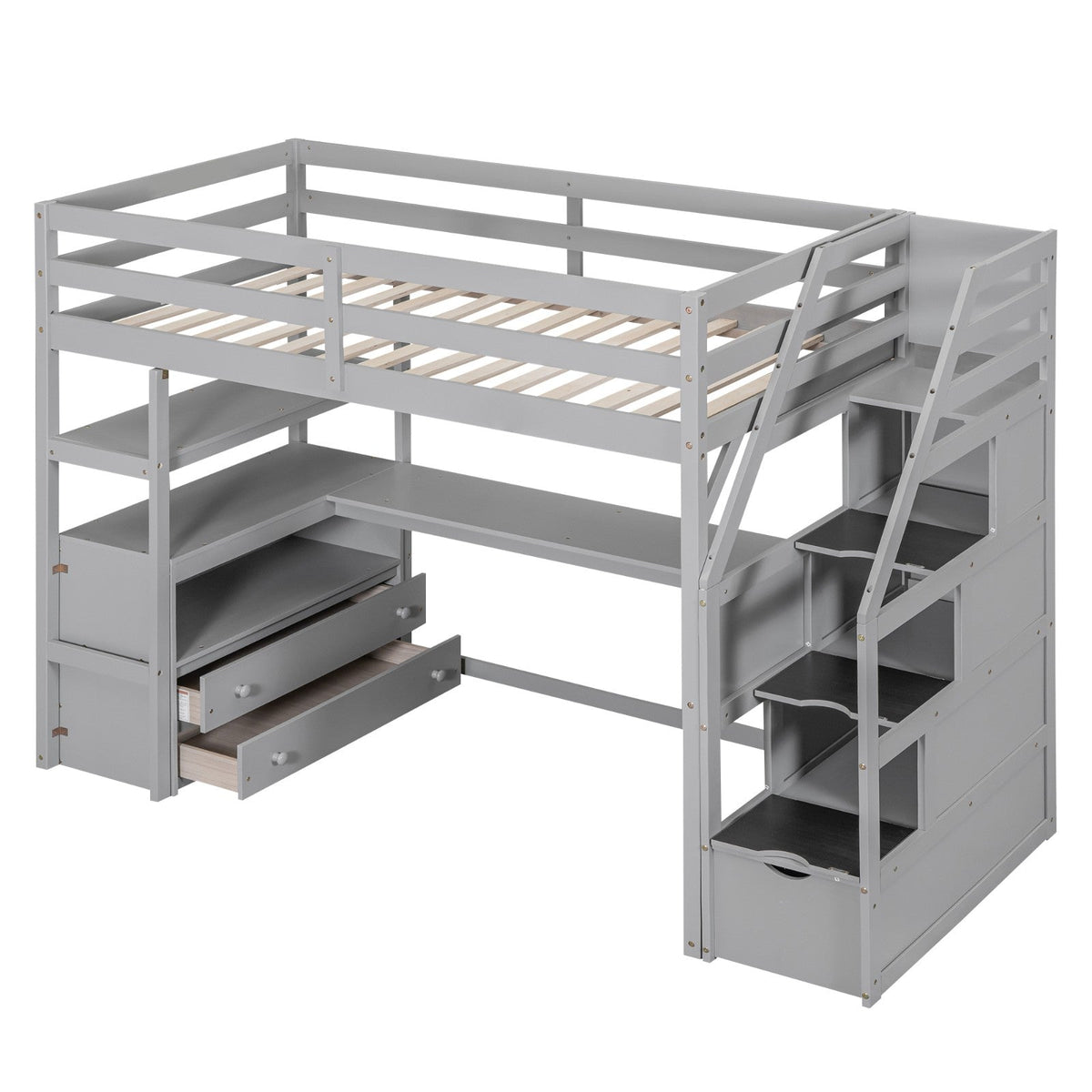 Twin Size Loft Bed with Desk, Shelves, Two Built-in Drawers, and Storage Staircase