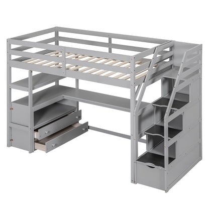 Twin Size Loft Bed with Desk, Shelves, Two Built-in Drawers, and Storage Staircase