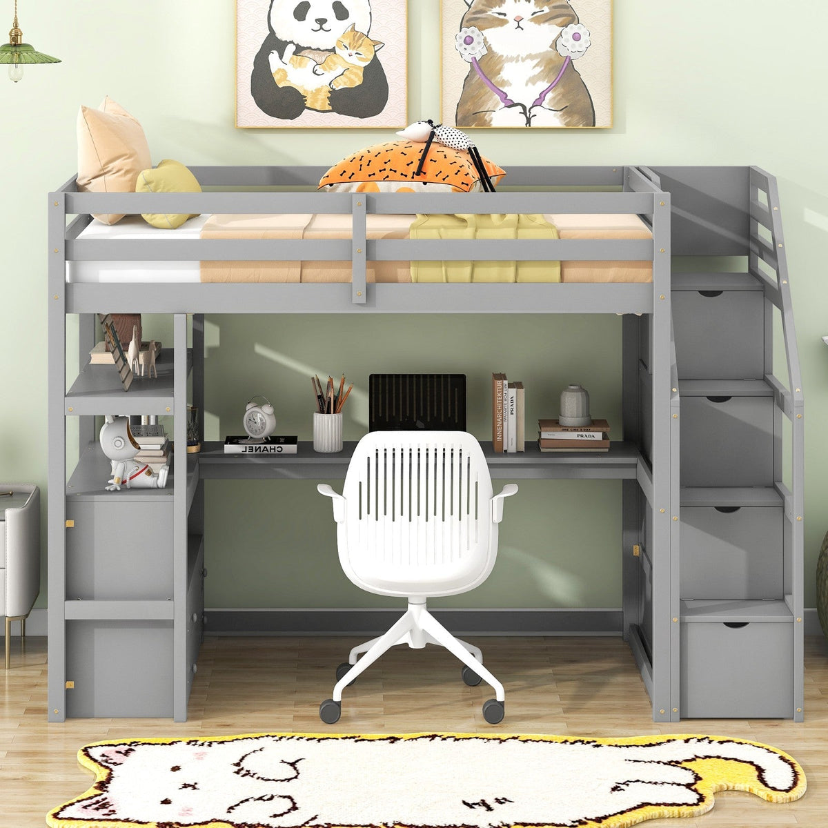 Twin Size Loft Bed with Desk, Shelves, Two Built-in Drawers, and Storage Staircase