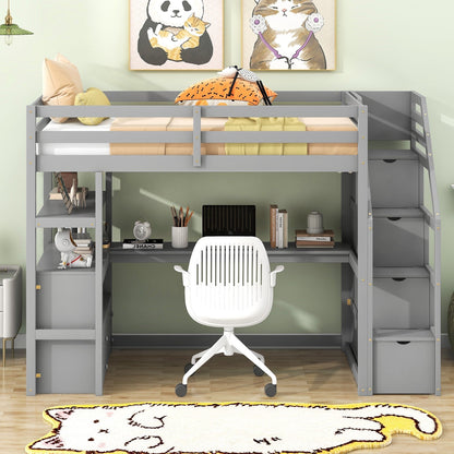 Twin Size Loft Bed with Desk, Shelves, Two Built-in Drawers, and Storage Staircase