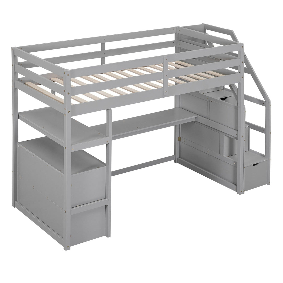 Twin Size Loft Bed with Desk, Shelves, Two Built-in Drawers, and Storage Staircase