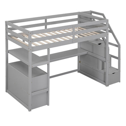 Twin Size Loft Bed with Desk, Shelves, Two Built-in Drawers, and Storage Staircase