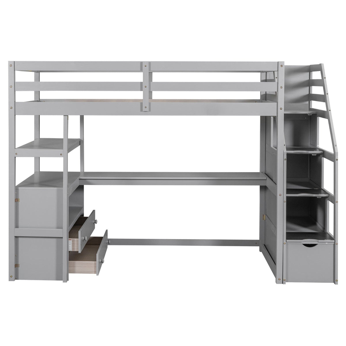 Twin Size Loft Bed with Desk, Shelves, Two Built-in Drawers, and Storage Staircase