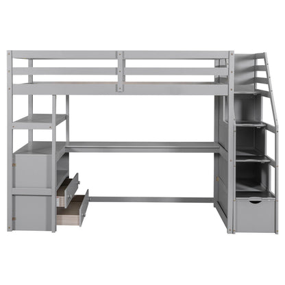Twin Size Loft Bed with Desk, Shelves, Two Built-in Drawers, and Storage Staircase