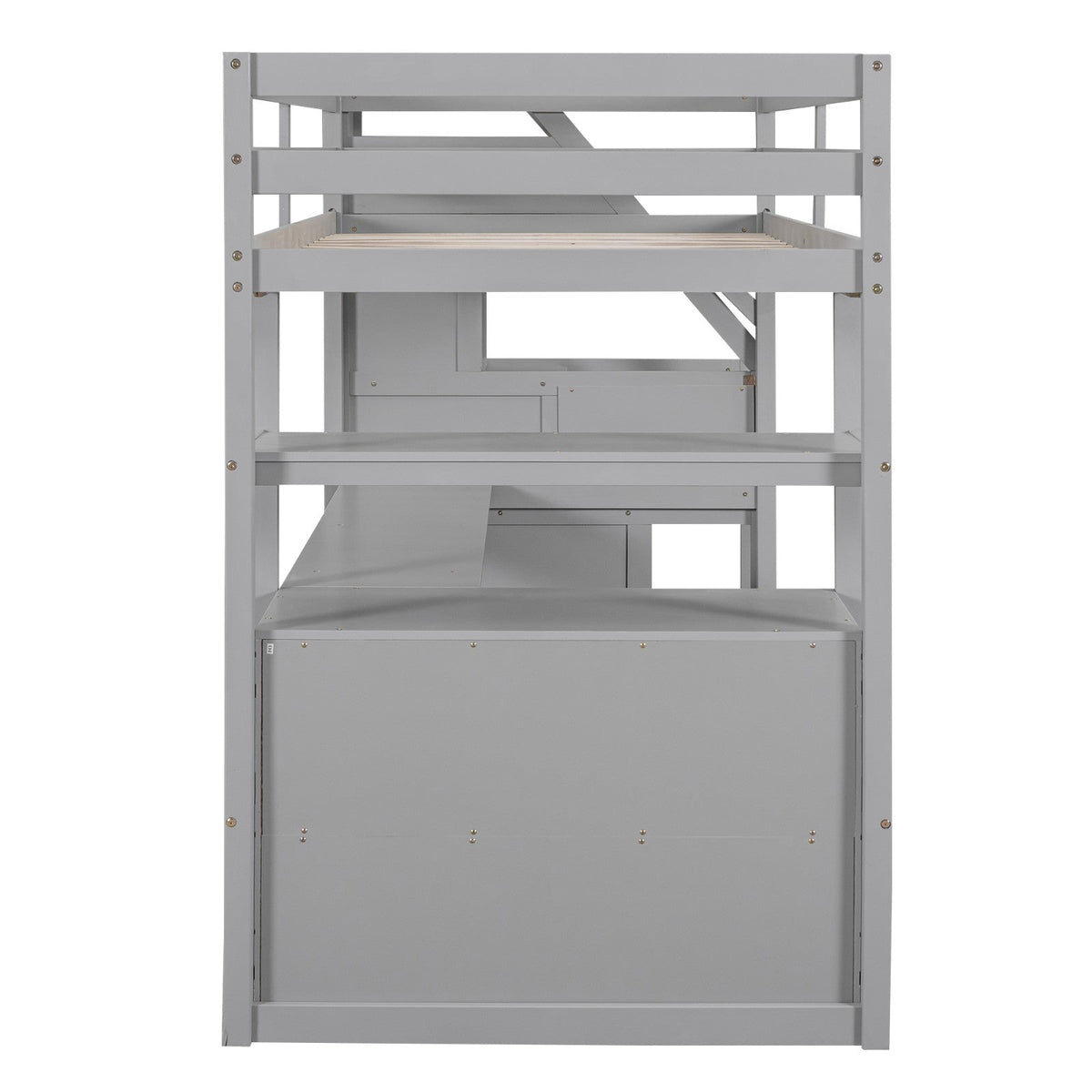 Twin Size Loft Bed with Desk, Shelves, Two Built-in Drawers, and Storage Staircase