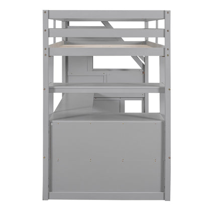 Twin Size Loft Bed with Desk, Shelves, Two Built-in Drawers, and Storage Staircase