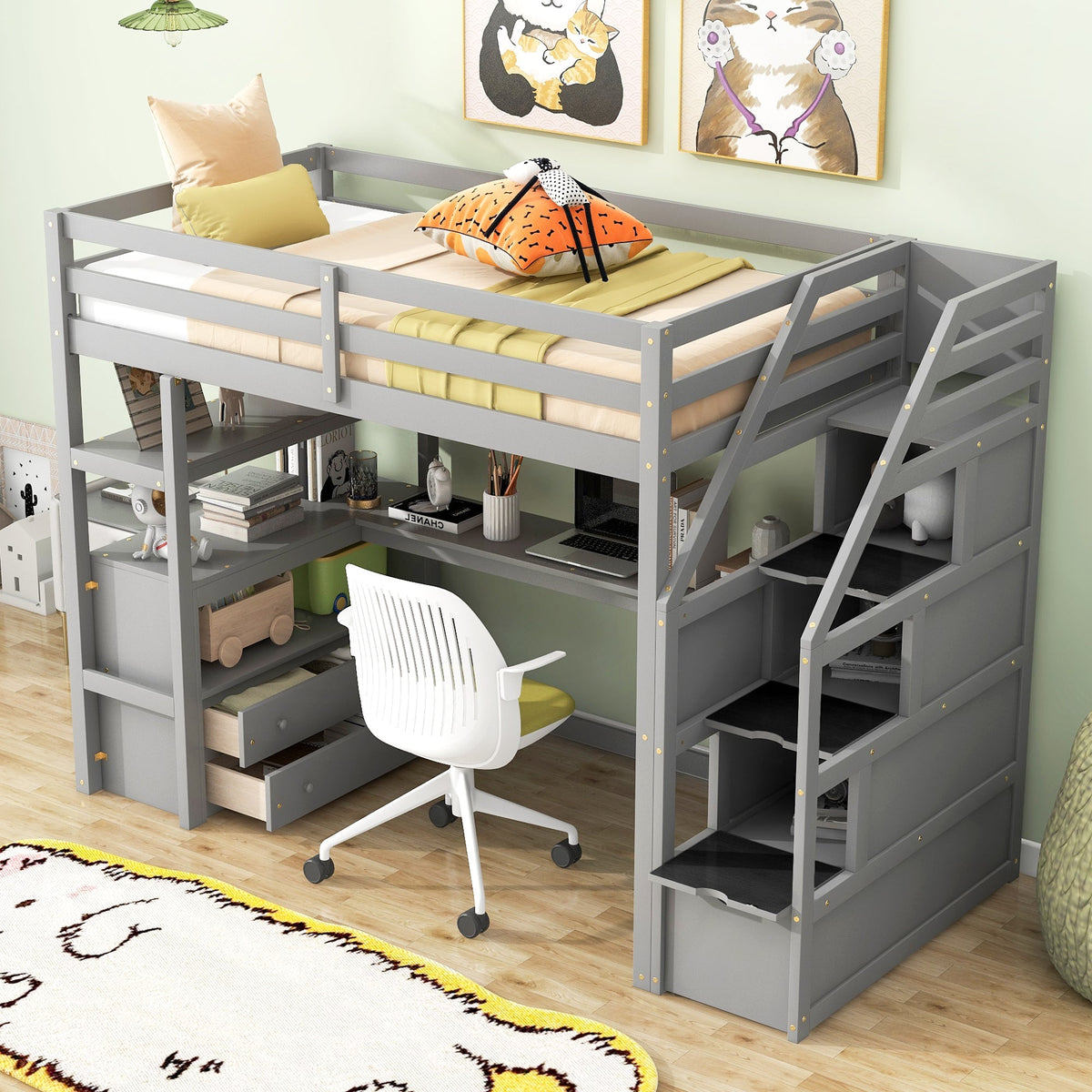 Twin Size Loft Bed with Desk, Shelves, Two Built-in Drawers, and Storage Staircase